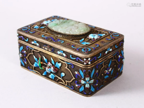 A CHINESE SILVER, ENAMEL & JADE LIDDED BOX, the top