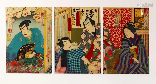 A JAPANESE MEIJI PERIOD WOOD BLOCK PRINT TRIPTYCH -