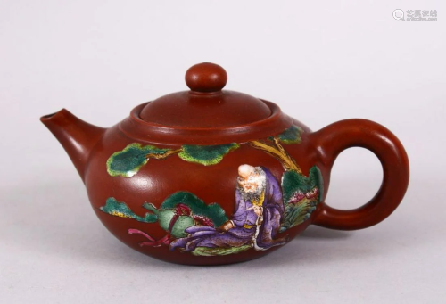 A CHINESE YIXING GLAY & ENAMEL TEAPOT, decorated with