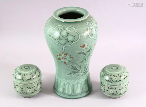 THREE 20TH CENTURY KOREAN CELADON PORCELAIN TEA SET,