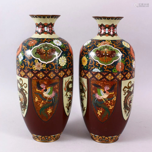 A PAIR OF JAPANESE MEIJI PERIOD CLOISONNE VASES, the