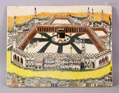 AN ISLAMIC POTTERY TILE DEPICTING A VIEW OF MECCA, with