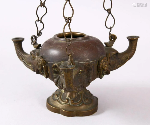 AN INDIAN ELEPHANT FORMED BRONZE HANGING OIL LAMP, with