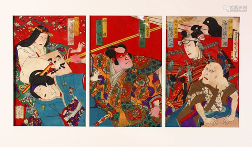 A JAPANESE MEIJI PERIOD WOOD BLOCK PRINT TRIPTYCH -