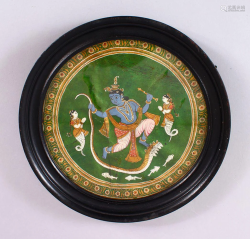 A 19TH CENTURY INDIAN PAINTING OF KRISHNA ON LEATHER,