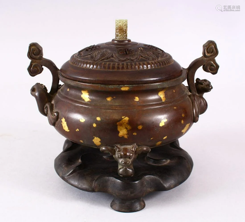 A CHINESE BRONZE INCENSE BURNER, COVER & STAND, the