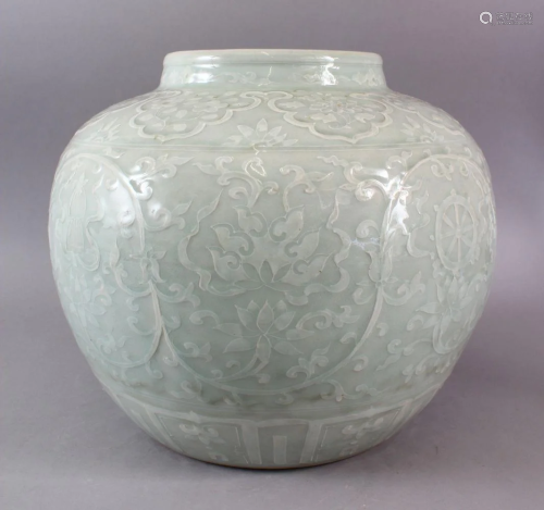 A LARGE CHINESE MING STYLE CELADON CARVED GINGER JAR,