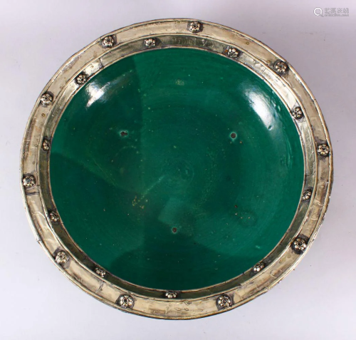 AN EARLY EASTERN GREEN GLAZED & WHITE METAL LARGE
