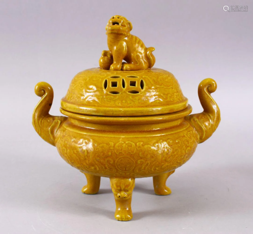 A CHINESE YELLOW GROUND TRIPLE FOOT CENSER & COVER, the