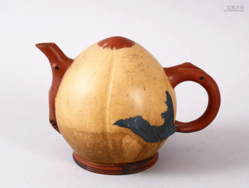 A CHINESE YIXING CLAY GOURD FORMED TEAPOT, with poly