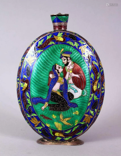 A FINE INDIAN ENAMELLED SILVER PERFUME FLASK, decorated