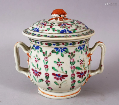 A CHINESE FAMILLE ROSE PORCELAIN CUP & COVER, with twin
