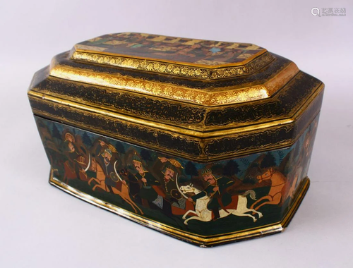 A 19TH CENTURY PERSIAN LACQUER LIDDED BOX, decorated