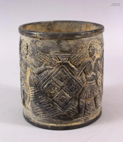 AN EASTERN? STONE CARVED FIGURAL BRUSH POT / VASE,