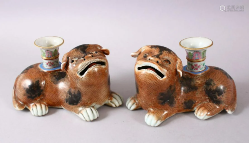 A PAIR OF CHINESE 18TH / 19TH CENTURY FAMILLE ROSE DOG