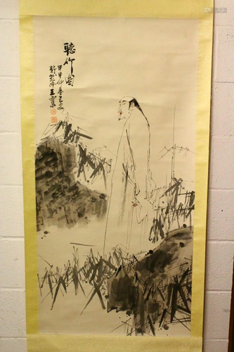 A CHINESE SCROLL PAINTING OF A FIGURE, the figure stood