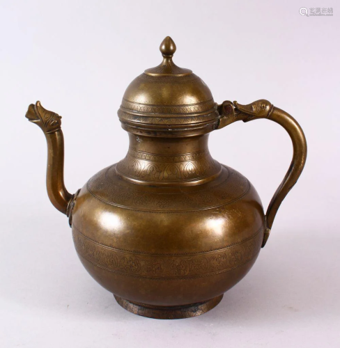 AN 18TH CENTURY MUGHAL INDIAN BRASS EWER, with animal