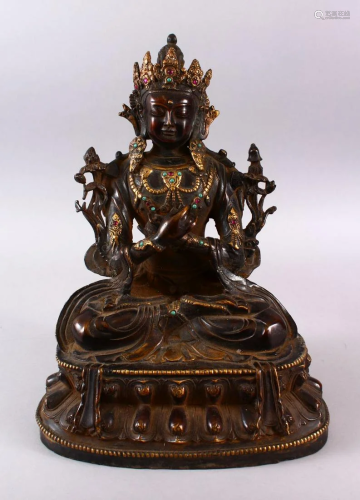 A LARGE TIBETAN BRONZE FIGURE OF BUDDHA, in a seated