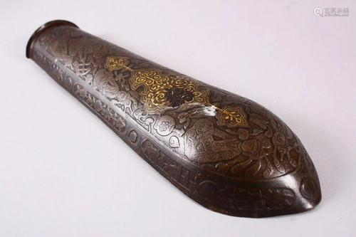 A 19TH CENTURY PERSIAN GILT DECORATED STEEL ARM GUARD,