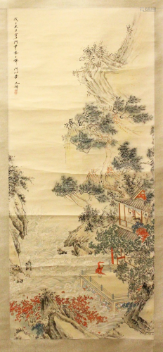 A CHINESE SCROLL PAINTING OF A LANDSCAPE, painted to