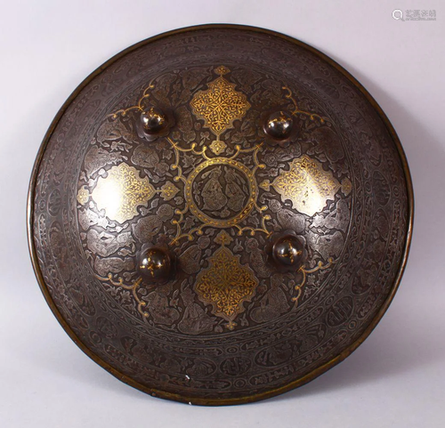 A LARGE 19TH CENTURY PERSIAN GILT DECORATED STEEL