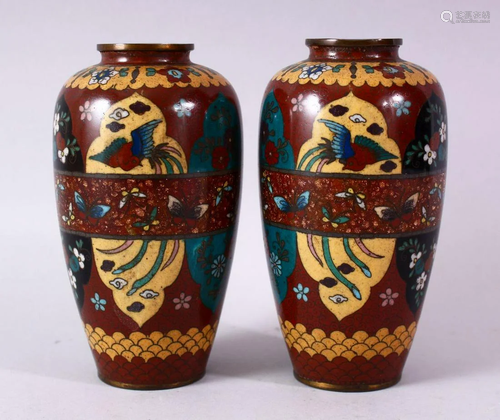 A PAIR 20TH CENTURY JAPANESE CLOISONNE VASES, red