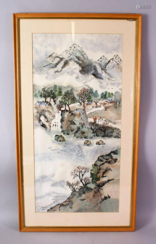 A CHINESE FRAMED PAINTING OF A NATIVE LANDSCAPE SCENE,