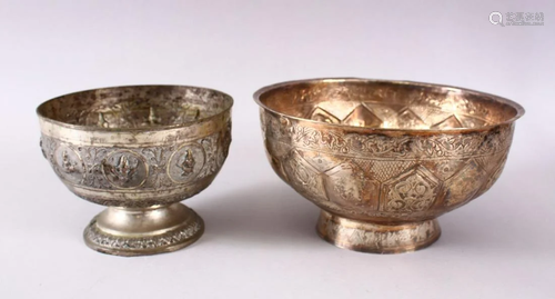 TWO BURMESE WHITE METAL BOWLS, each with relief