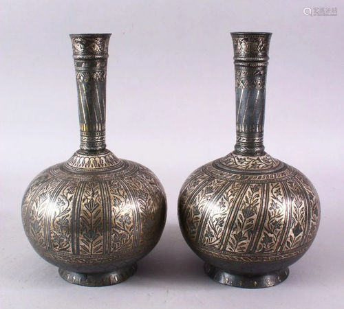 A PAIR OF 18TH/19TH CENTURY INDIAN BIDRI SILVER INLAID