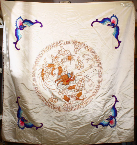 A LARGE CHINESE EMBROIDERED SILK DRAGON & BAT …