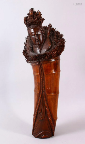 A CHINESE BAMBOO ROOT CARVING OF GUANYIN, the root end