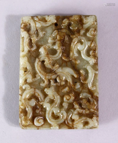 A 19TH CENTURY SPECKLED JADE RECTANGLAR TABLET, carved