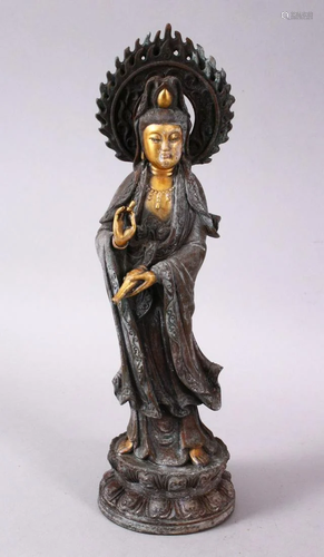 A CHINESE SMALL PART GILT BRONZE STANDING DIETY, 23cm