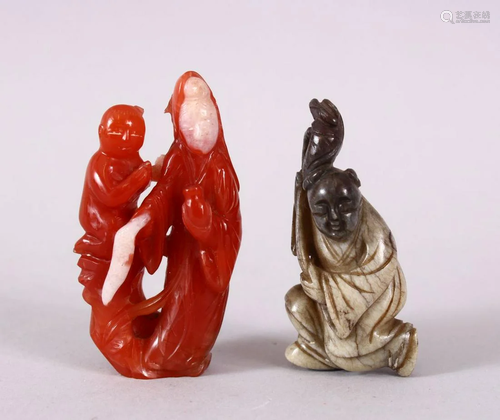 TWO CHINESE CARVED HARDSTONE FIGURES, the red carved