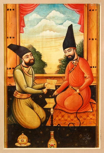 A SIGNED PERSIAN MINIATURE PAINTING OF TWO FIGURES,