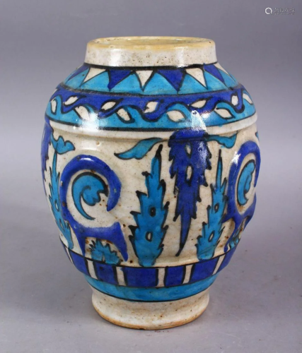 A GOOD PERSIAN BLUE & WHITE POTTERY VASE, decorated