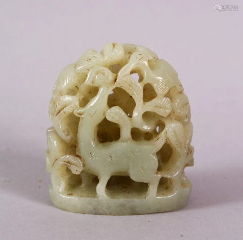 A CHINESE CARVED JADE FIGURE OF DEER & TREES, the two