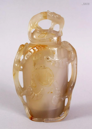 A CHINESE CARVED AGATE LIDDED CENSER / VASE, with