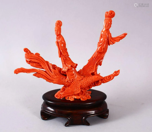 A GOOD CHINESE RED CORAL CARVING OF GODDESS, depicting