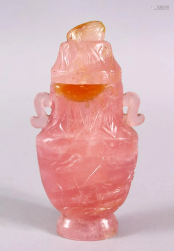 A CHINESE CARVED ROSE QUARTZ VASE & COVER, carved with