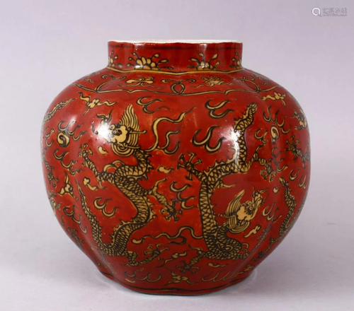 A CHINESE RED & YELLOW DRAGON PORCELAIN JAR, the