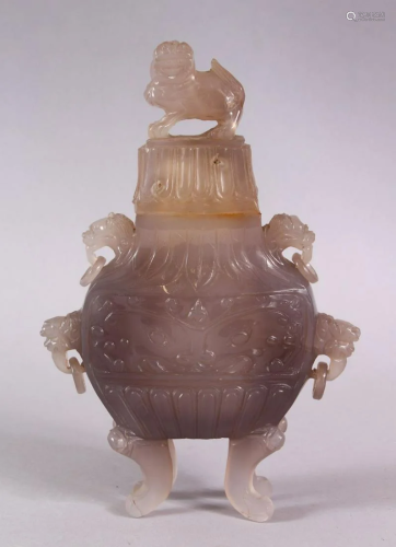 A CHINESE CARVED AGATE VASE AND COVER, with four carved