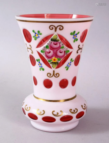 A GOOD BOHEMIAN CUT GLASS & PAINTED VASE, with panels