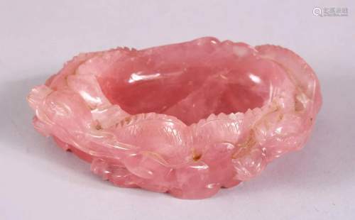 A CHINESE CARVE ROSE QUARTZ DRAGON DISH, carved with
