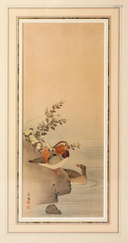 A JAPANESE MEIJI PERIOD SILK PAINTING OF DUCKS - two