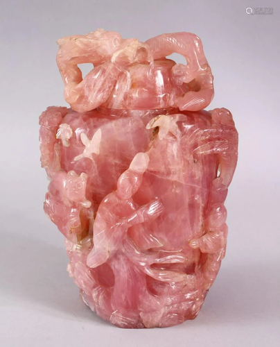 A LARGER CARVED CHINESE ROSE QUARTZ DRAGON & GODDESS