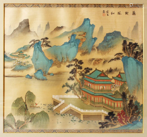 A CHINESE PAINTING ON SILK OF A LANDSCAPE, the painting