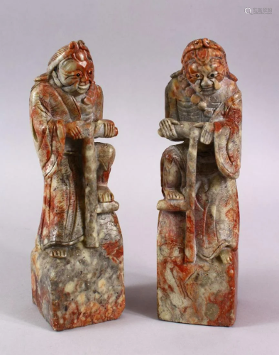 A PAIR OF CHINESE CARVED SOAPSTONE FIGURES OF DEMONS,