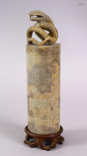 A LARGE CHINESE CARVED SOAPSTONE CYLINDRICAL SEAL WITH