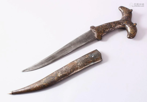 A 19TH CENTURY INDIAN SILVER OVERLAID DAGGER, with twin